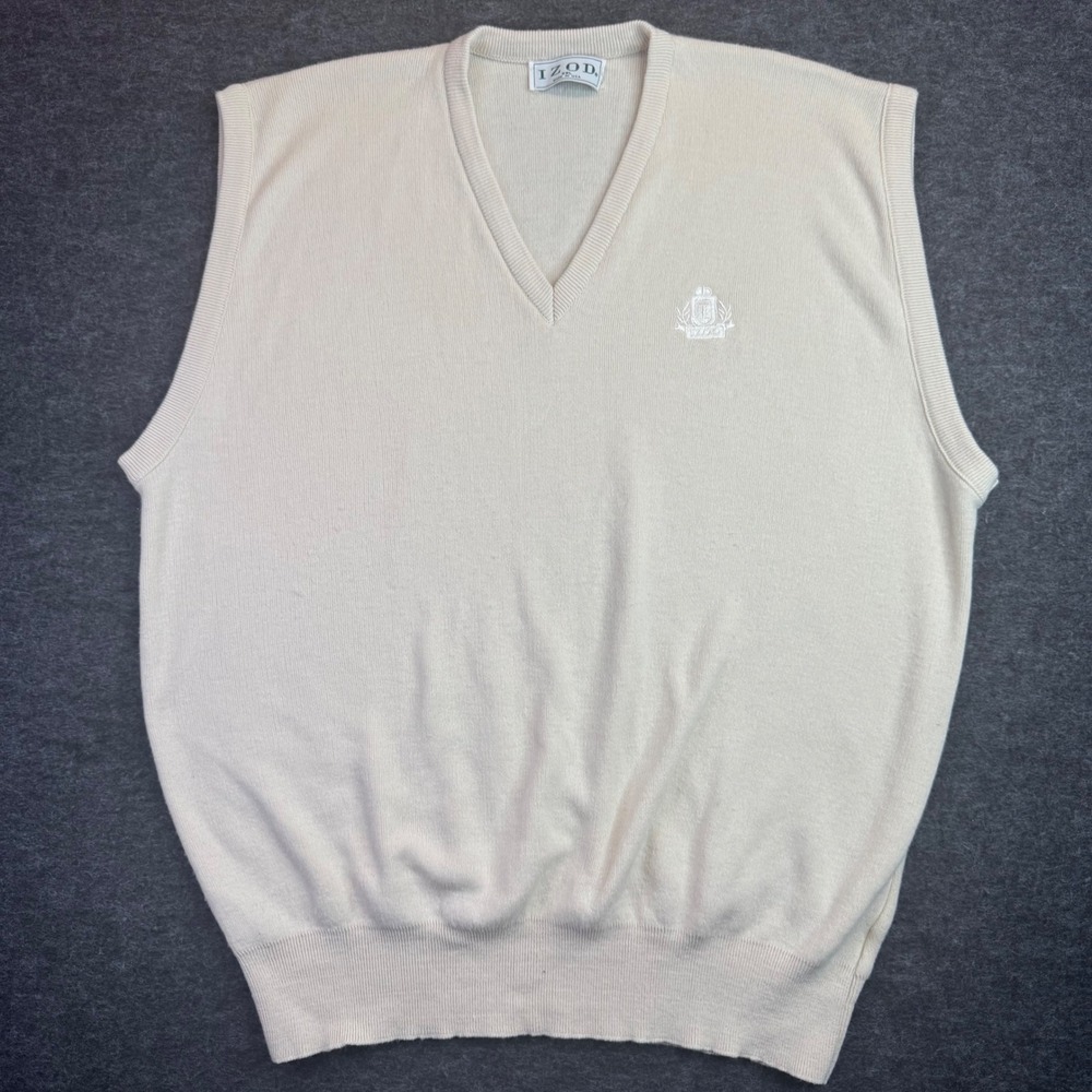 Vintage IZOD Sweater Vest Mens XXL‎ Cream V-Neck Knit Crest Logo Made in USA